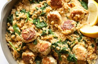 Excessive Protein Hen Meatball Lemon Orzo Skillet